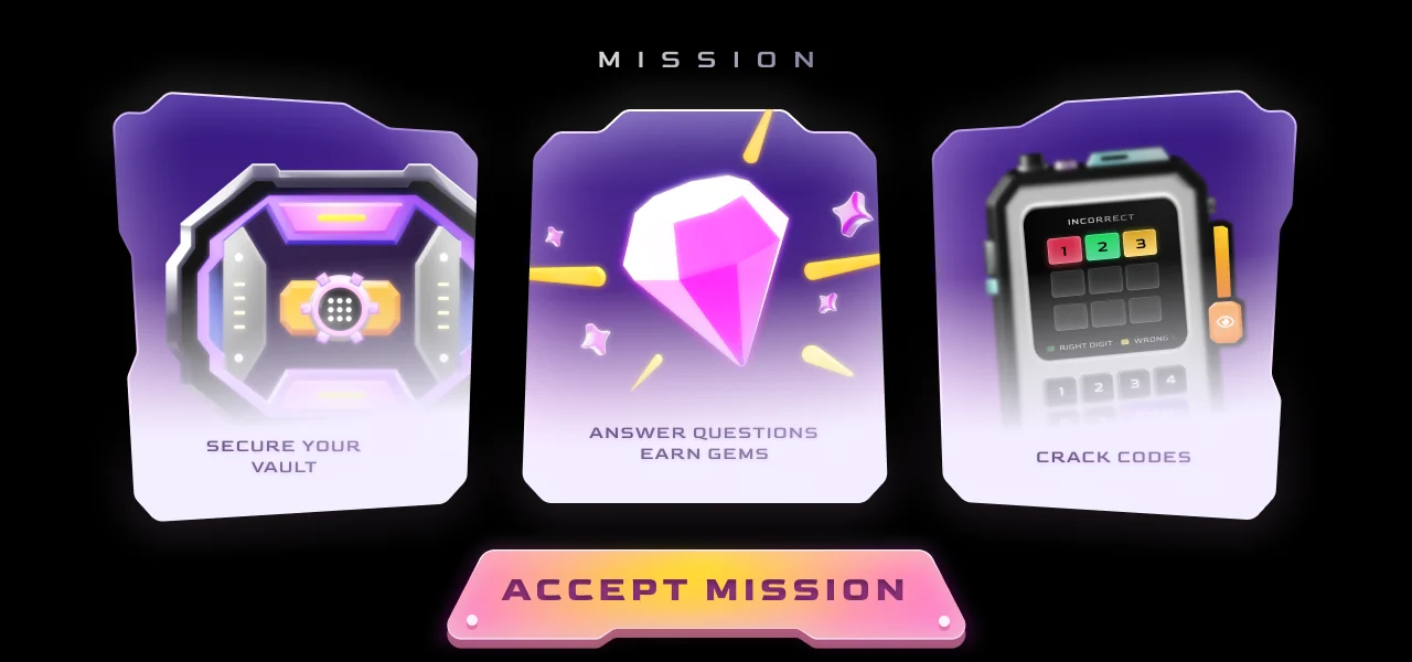 Code Busters mission screen with the vault, gem reward, and code-cracking device