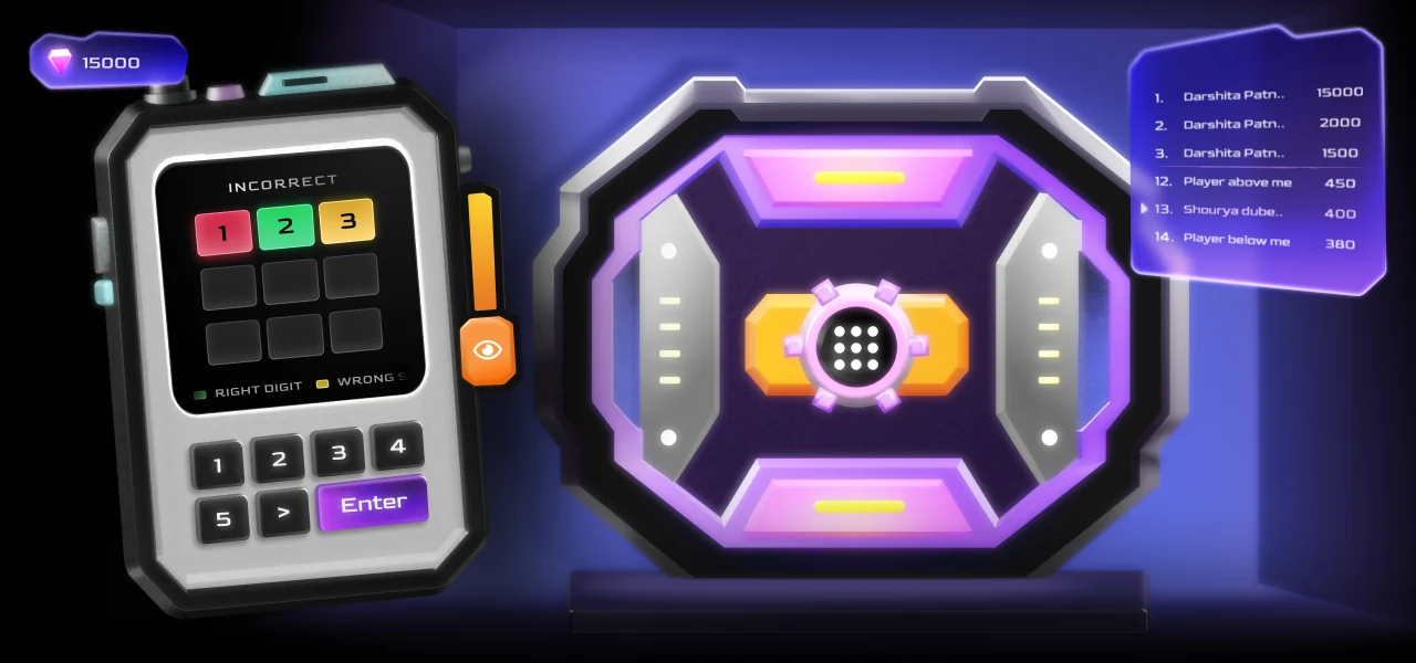 Code Busters gameplay with a handheld decoder, illuminated vault, gem score, and player ranking