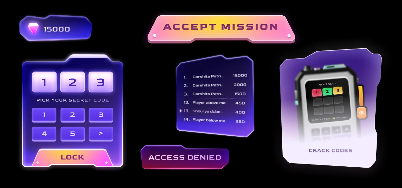 Code Busters floating game UI system including mission, score, vault code, leaderboard, hacking device, and access-denied states