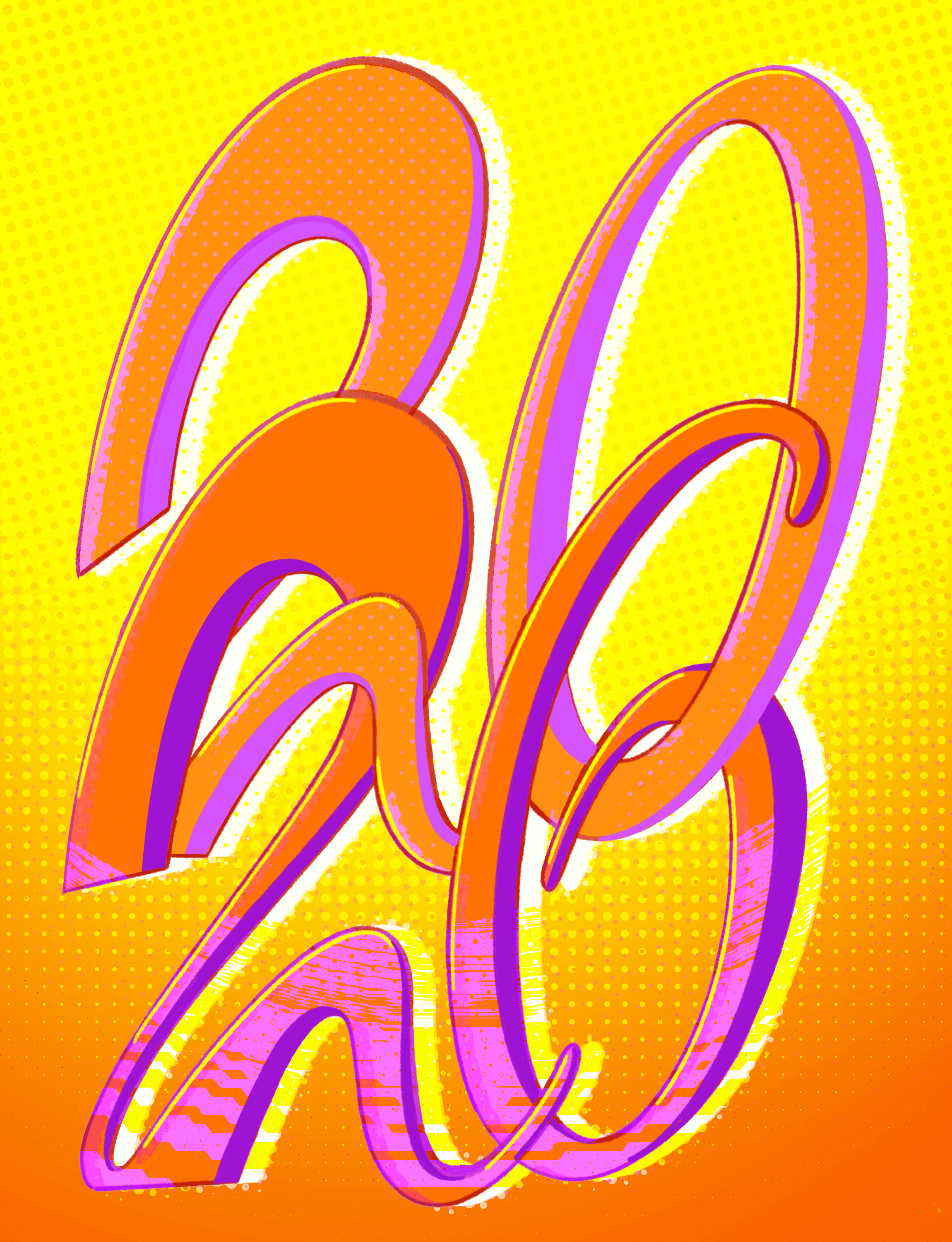 Abstract orange and purple lettering on yellow