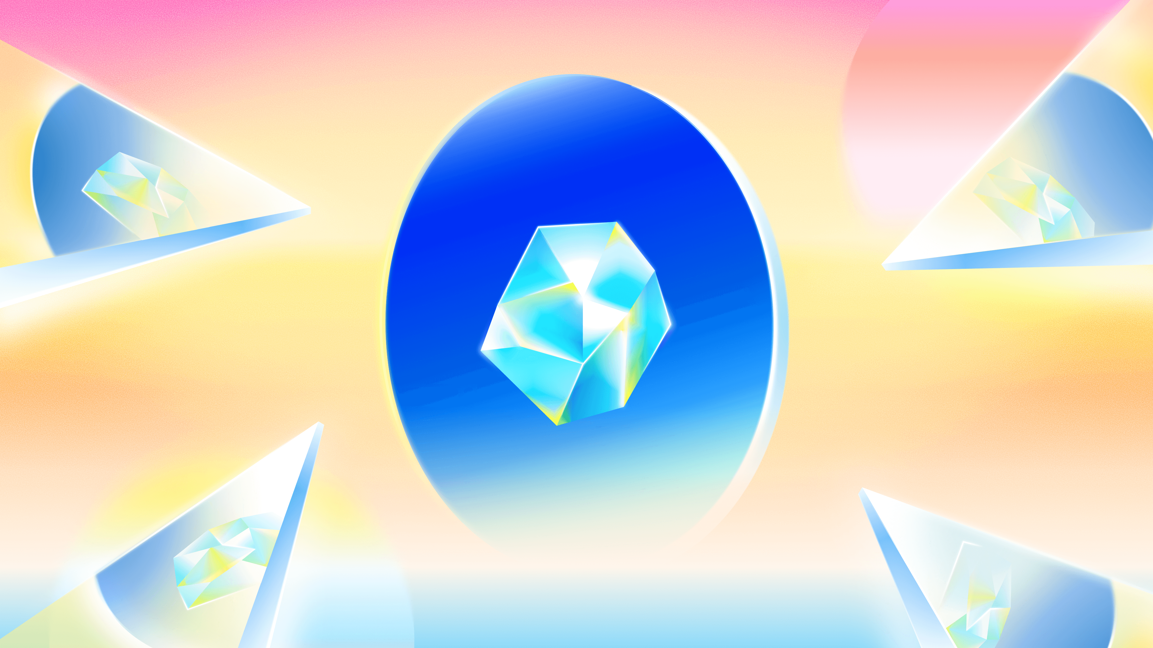 Iridescent crystal forms arranged around a blue oval