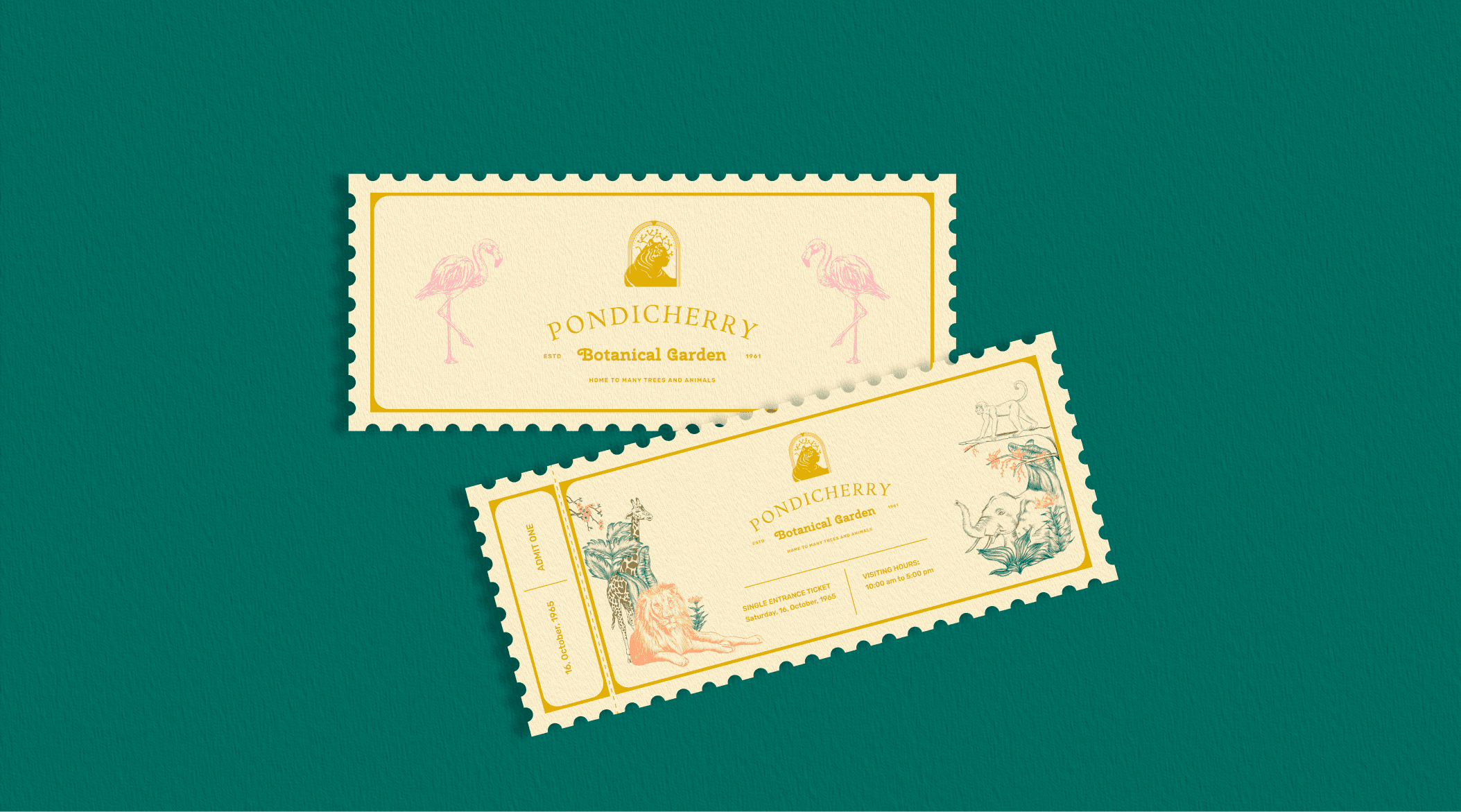 Pondicherry Botanical Garden stamps and admission ticket on teal
